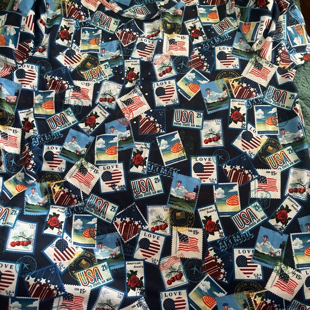 Ladies Patriotic Stamp print blouse Blue Red White